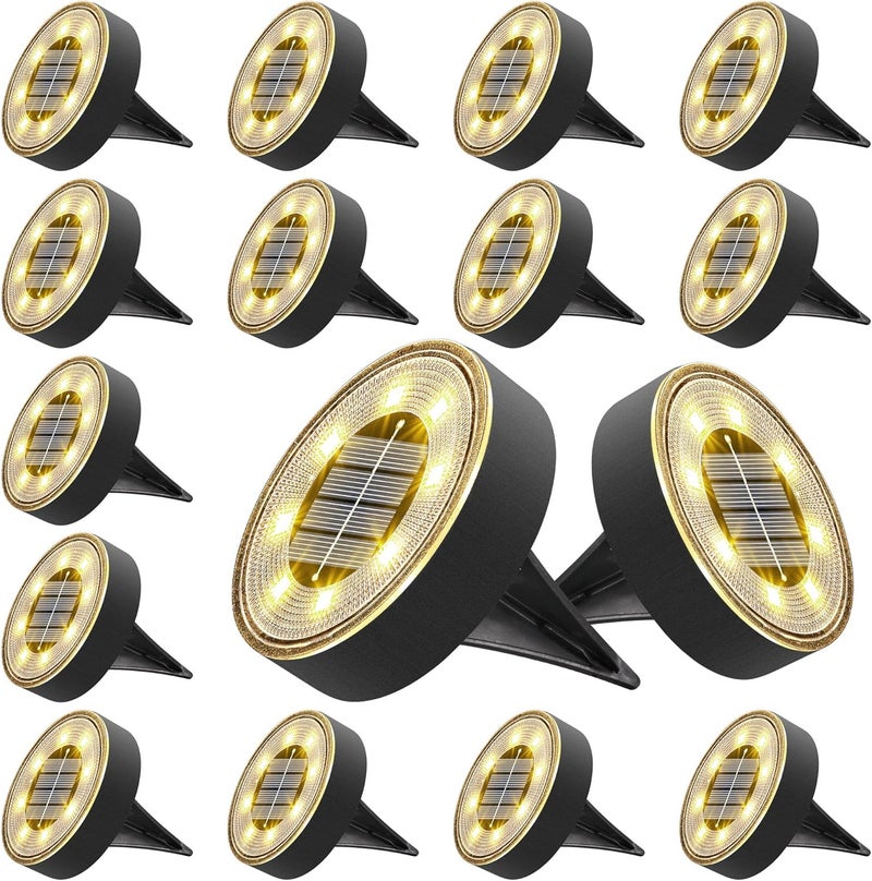 Joomer Solar Ground Lights, 16 Pack 8 LED Solar Lights Outdoor IP68 Waterproof Disc Light In-Ground Landscape Lighting Outdoor for Patio Pathway Lawn Yard Driveway Walkway (Warm White) - Image 1